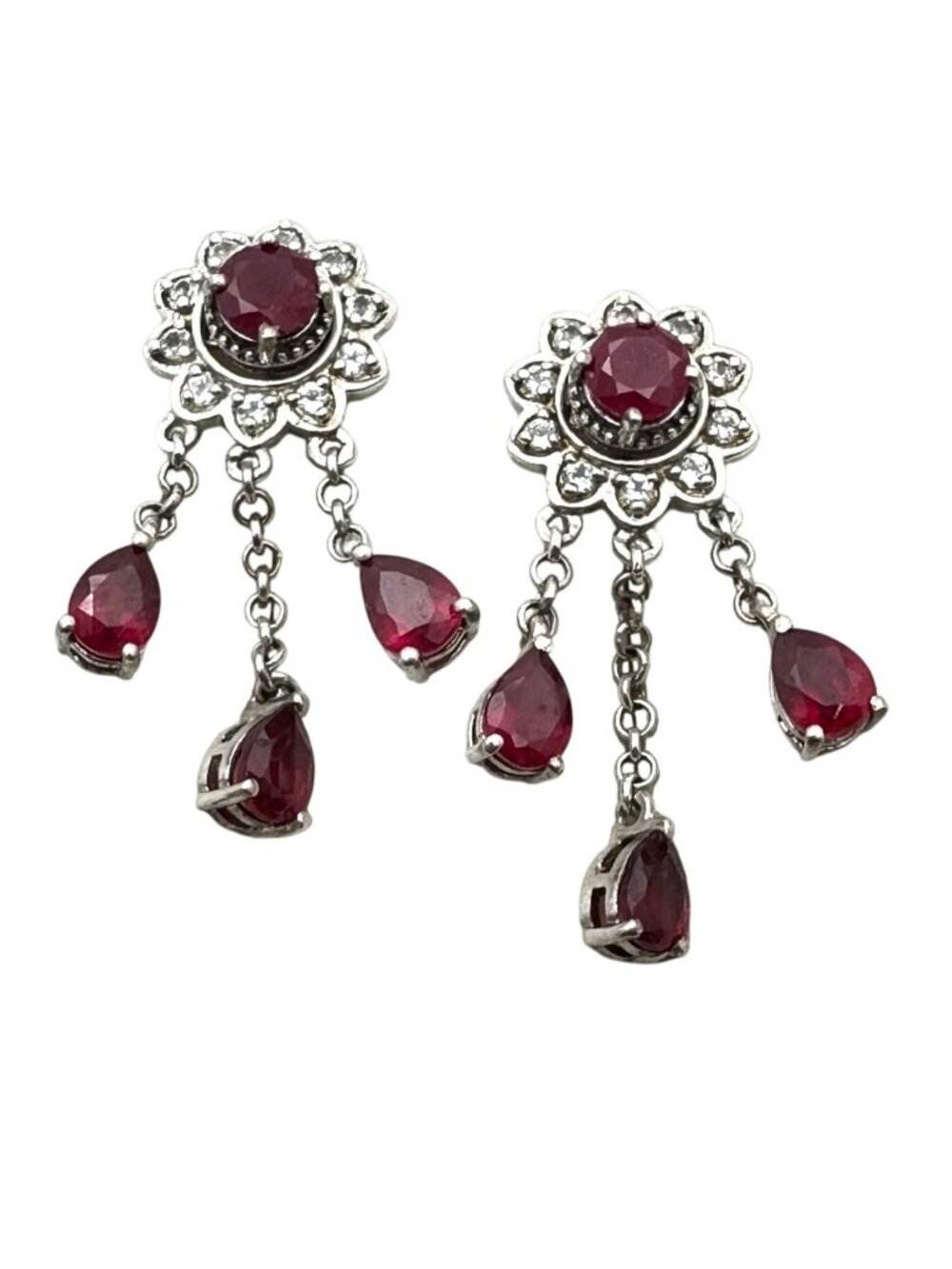 Chuck Clemency Red Ruby Sterling Silver Chandelier Pierced 1.5 Inch Earrings